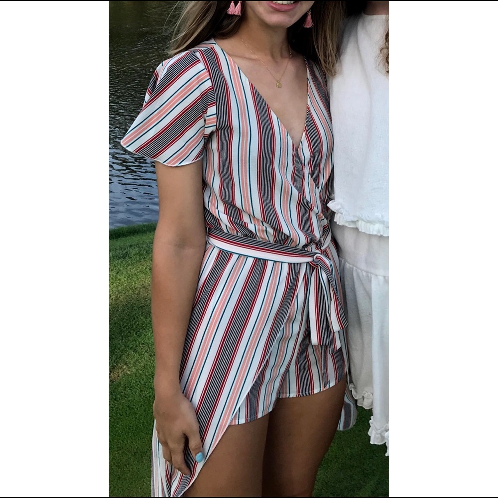 Stripped wrap romper w midi overlay